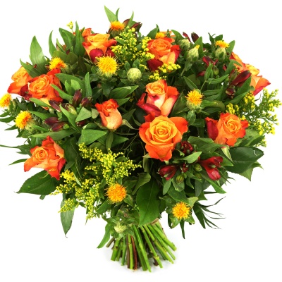 Boeket oranje
rozen + bloemen